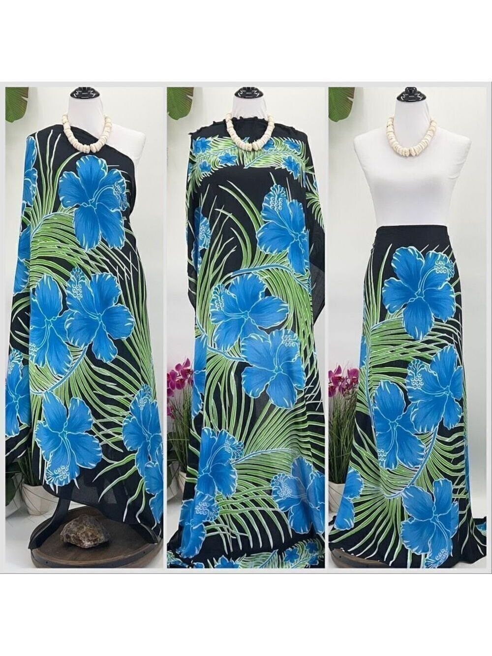 Black/Green/Blue Hibiscus Tropical 🌴 MAXI SARONG Kīkepa Pareo Beach Wrap Skirt